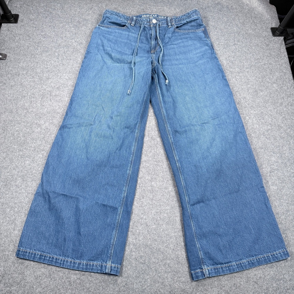 American Eagle Low Rise Ultra Wide Leg Drawstring Jeans Medium Wash 10 Long